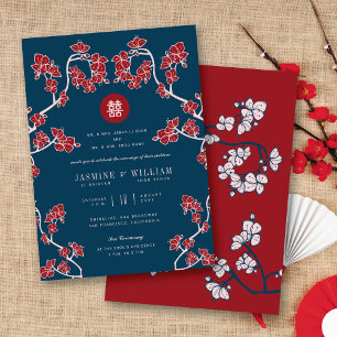 Peach Blossoms Double Happiness Chinese Wedding Invitation