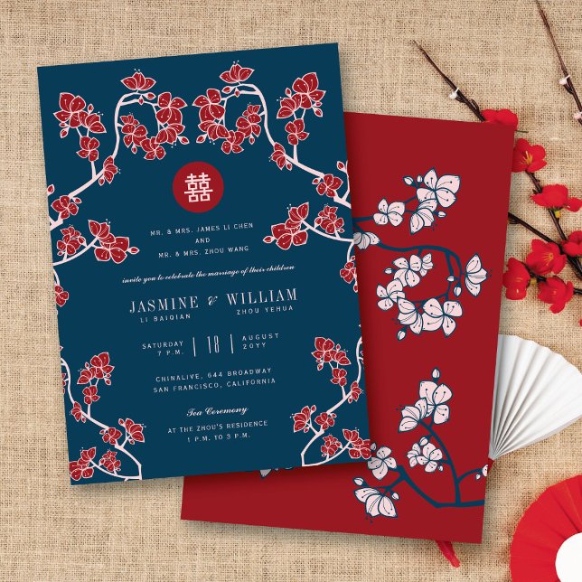 Peach Blossoms Double Happiness Chinese Wedding Invitation (Red/Navy Peach/Plum Blossoms Double Happiness Elegant Chinese Wedding Invitation @ fatfatin_red_knot)