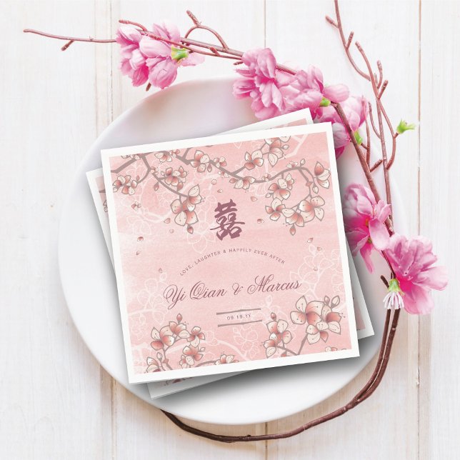Peach Blossoms Double Happiness Chinese Wedding Napkin (Pink Peach/Plum Blossoms Double Happiness Elegant Chinese Wedding Paper Napkins @ fatfatin_red_knot)