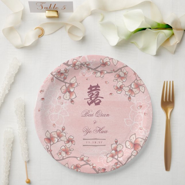 Peach Blossoms Double Happiness Chinese Wedding Paper Plate (Wedding)