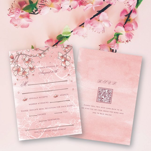 Peach Blossoms Double Happiness Chinese Wedding RSVP Card (Pink Peach/Plum Blossoms Double Happiness Elegant Chinese Wedding RSVP Card @ fatfatin_red_knot)