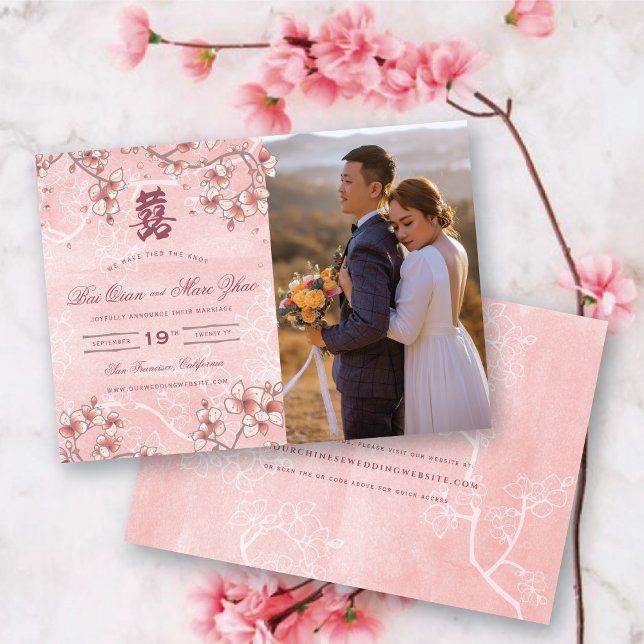 Peach Blossoms Double Happiness Chinese Wedding Save The Date (Pink Peach Blossoms Double Happiness Elegant Chinese Wedding Photo Announcement @ fatfatin_red_knot)