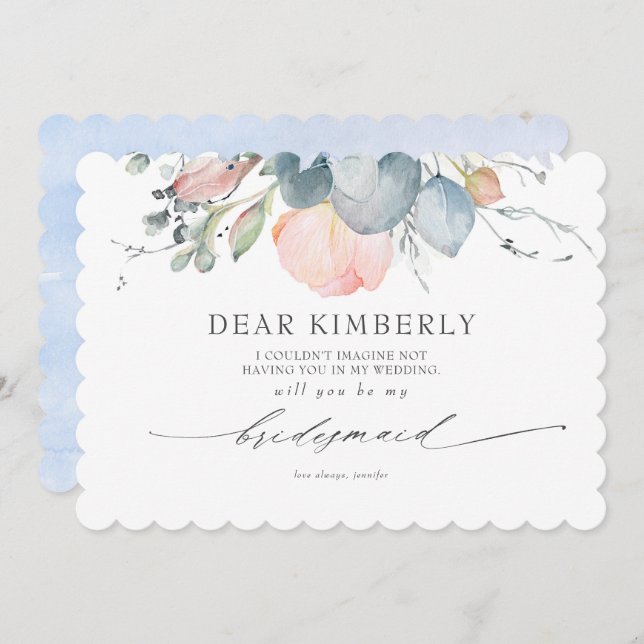 Peach Blossoms Dusty Blue My Bridesmaid Proposal Invitation (Front/Back)