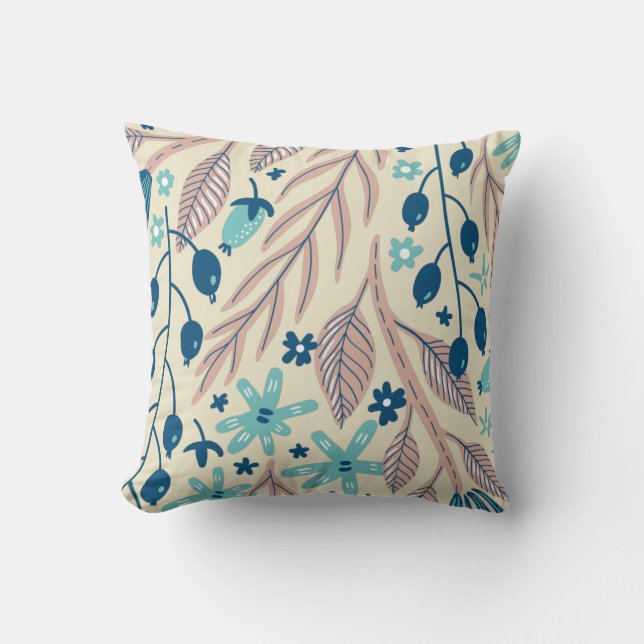 Peach Blue Aqua Beige Floral Illustration Cushion (Front)