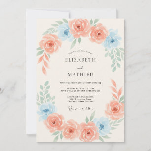Peach Blue Blossom Romance Wedding Invitation