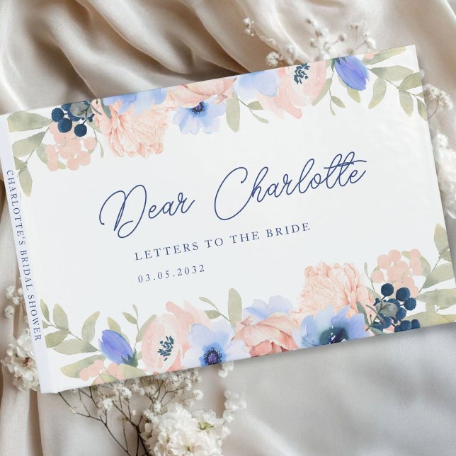 Peach Blue Blush Bridal Shower Guest Book (Peach Blue Blush Floral Bridal Shower Guest Book with your name and date.)