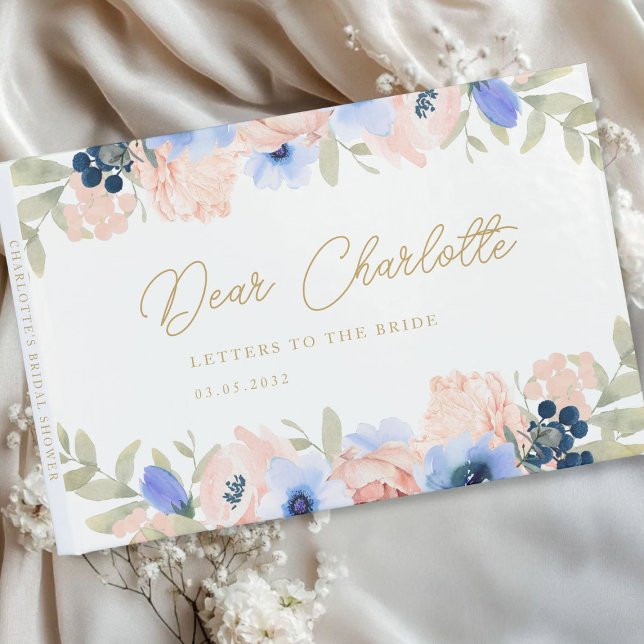 Peach Blue Blush Bridal Shower Guest Book (Peach Blue Blush Floral Bridal Shower Guest Book with your name and date.)