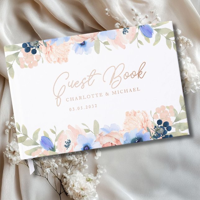 Peach Blue Blush Wedding Guest Book (Modern, peach, blue, blush, flowers, handwriting, wedding guest book with real foil. )