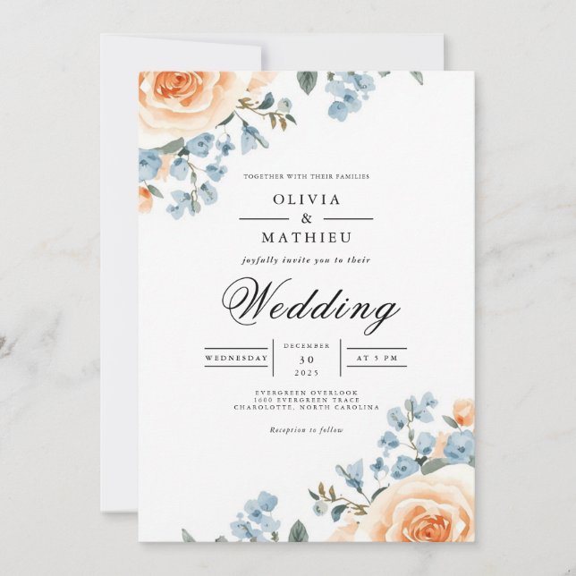 Peach Blue Botanical Flourish Wedding Invitation (Front)