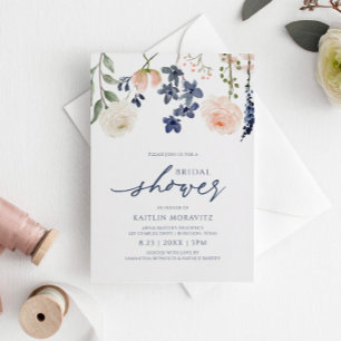 Peach & Blue Bridal Shower Botanical Floral Invitation