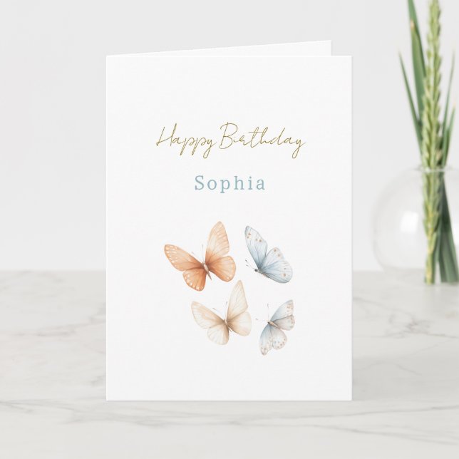Peach Blue Butterflies Birthday Card (Front)