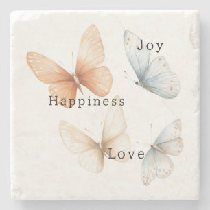 Peach Blue Butterflies Happiness Love Joy Stone Coaster