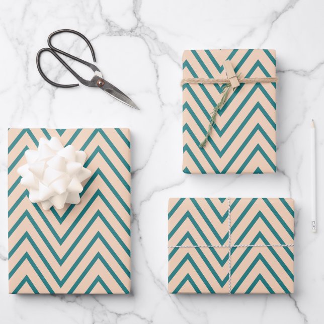 Peach Blue Chevron Stripe  Wrapping Paper Sheet (Front)