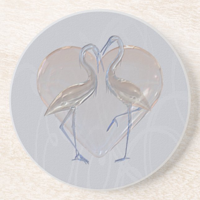 Peach & Blue Cranes Long & Happy Marriage Coaster (Front)