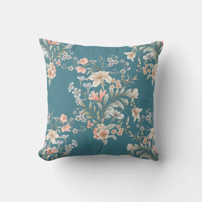 Peach, Blue, Cream Giant Bouquet on Teal Cushion (Front)