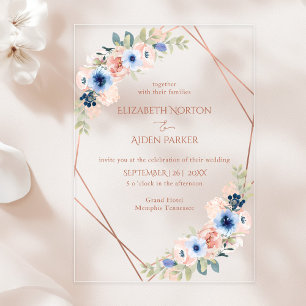 Peach, Blue, Floral Wedding Collection Acrylic Inv Invitations