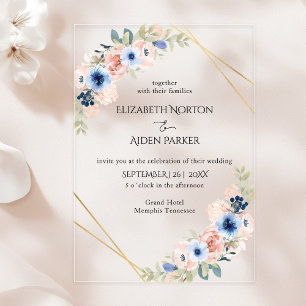Peach, Blue, Floral Wedding Collection Acrylic Invitations