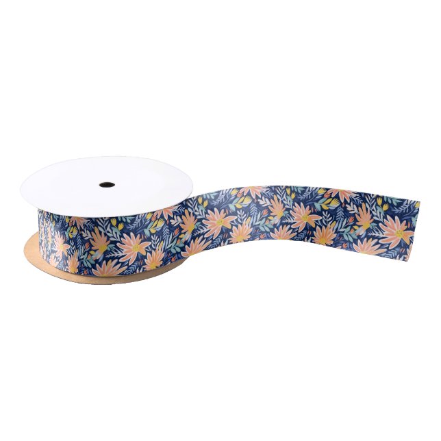 Peach blue folk floral satin ribbon (Spool)