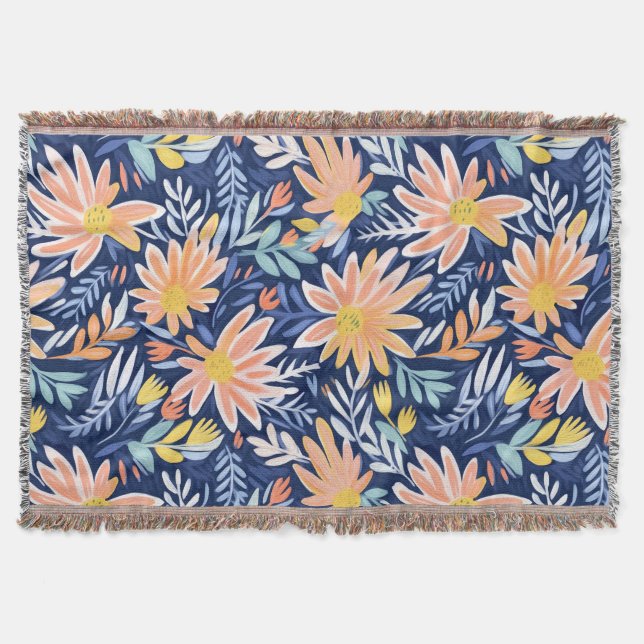 Peach blue folk floral throw blanket (Front)