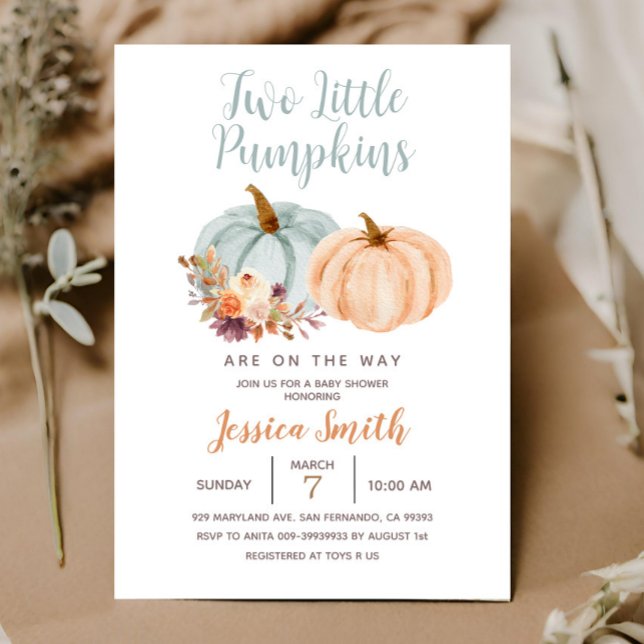 Peach & Blue Mint Two Little Pumpkin Baby Shower Invitation (Creator Uploaded)