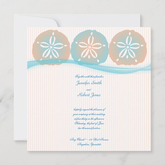 Peach Blue Sand Dollars Beach Wedding Invitation (Front)