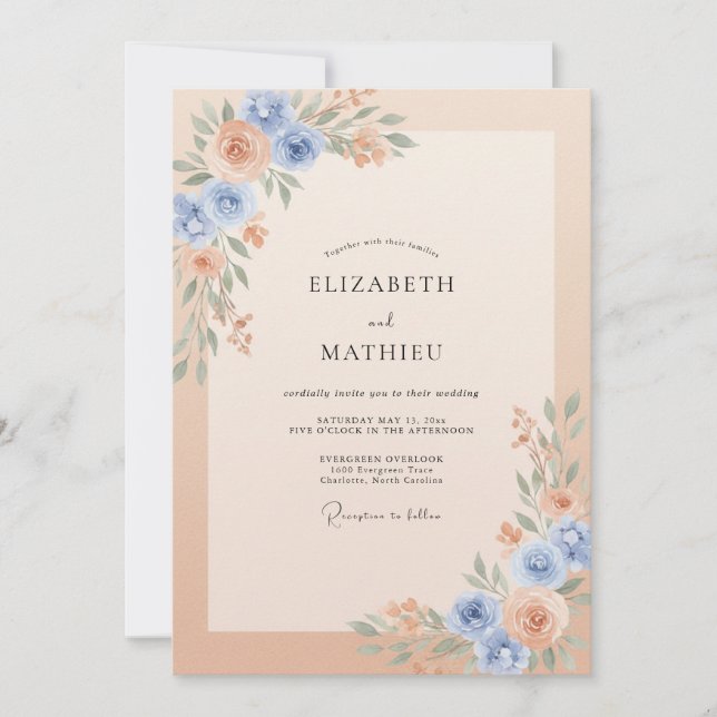 Peach Blue Soft Watercolor Wedding Invitation (Front)
