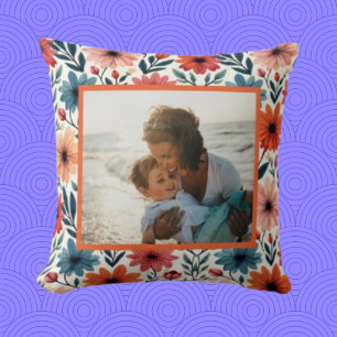 Peach & blue Spring floral pattern Custom photo Cushion