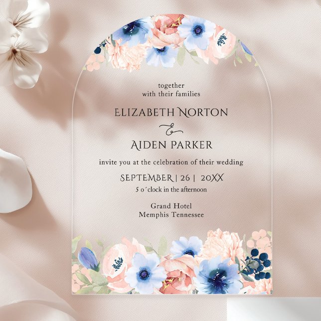 Peach Blue Wedding Collection Acrylic Invitations (Modern, wedding, arch, acrylic invitation floral. In the colors Gold, Peach & Blue.)