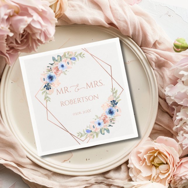 Peach Blue Wedding Collection Napkin (Peach Blue Light-Gray Wedding Collection Napkins with your names and date.)