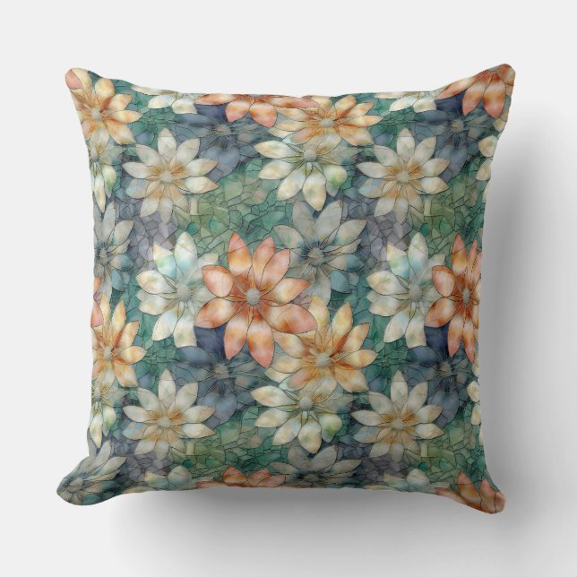 Peach Blue White Green Floral Cushion (Front)