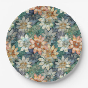 Peach Blue White Green Floral Paper Plate