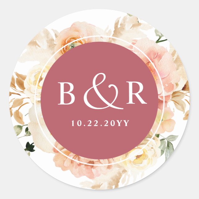 Peach Blush and Burgundy Wedding Envelope / Favour Classic Round Sticker (Front)