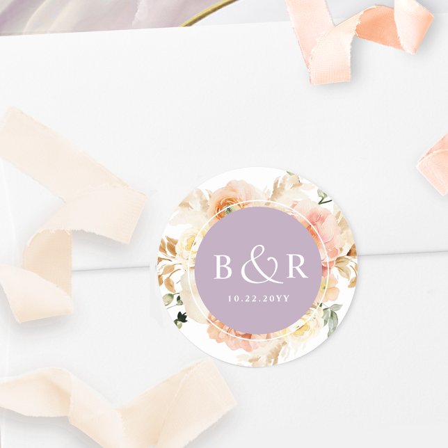 Peach Blush and Lavender Wedding Envelope / Favour Classic Round Sticker (Creator Uploaded)