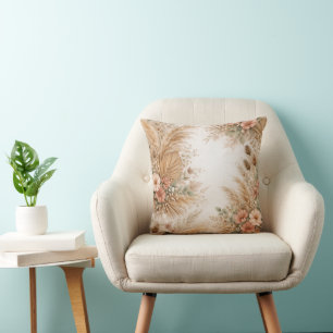 Peach Blush Boho Pampas Floral Frame Cushion