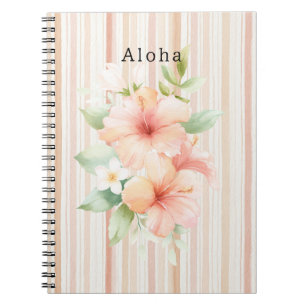 Peach Blush Cream Stripes Tropical Hibiscus Floral Notebook
