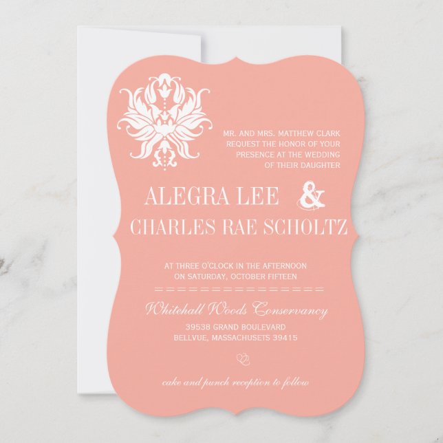 Peach Blush Damask Modern Chalkboard Invitation (Front)