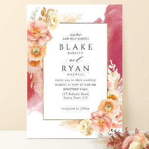 Peach Blush Floral, Burgundy Watercolor Wedding Invitation