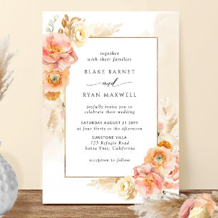 Peach Blush Floral, Cream Watercolor Chic Wedding Invitation