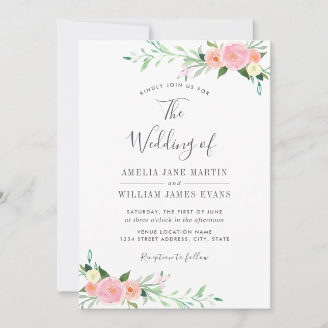 Peach Blush Floral Watercolor Wedding Invitation (Front)