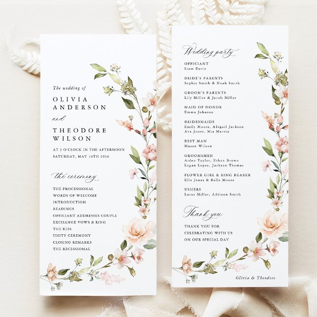 Peach Blush Floral Wedding Ceremony Program (Peach Blush Floral Wedding Program, Wildflower Ceremony Program, Wedding Party Program Stationery)