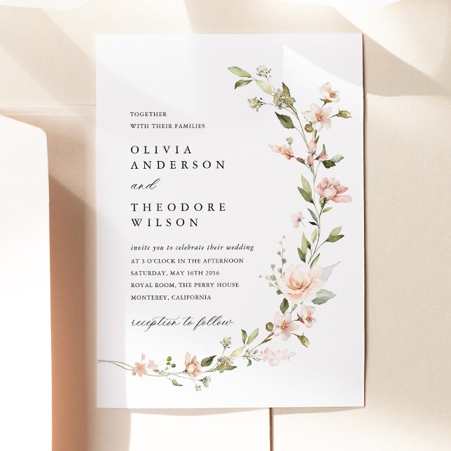 Peach Blush Floral Wedding Invitation (Peach Blush Floral Wedding Invitation, Garden Wedding Invite Watercolor Botanical Wedding Stationery)