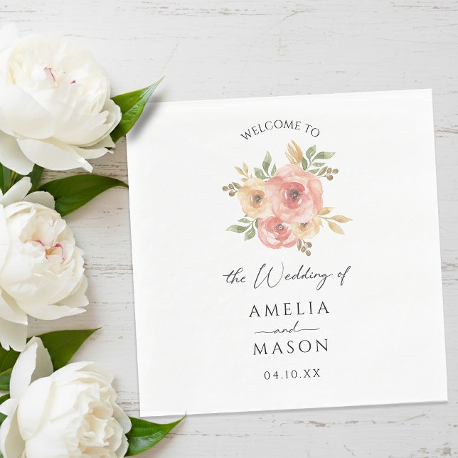 Peach Blush Floral White Wedding  Napkin (Peach Blush Floral White Wedding Napkins)