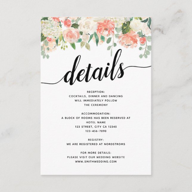 Peach & Blush Flowers Wedding Details Enclosure Card (Front)