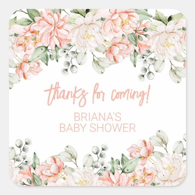 Peach Blush Ivory Baby Shower Favours Square Sticker (Front)