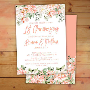 Peach Blush Ivory Floral 1st Wedding Anniversary  Invitation