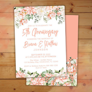 Peach Blush Ivory Floral 5th Wedding Anniversary  Invitation
