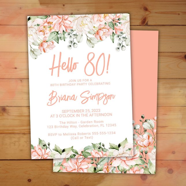 Peach Blush Ivory Floral 80th Birthday Party Invitation (Creator Uploaded)