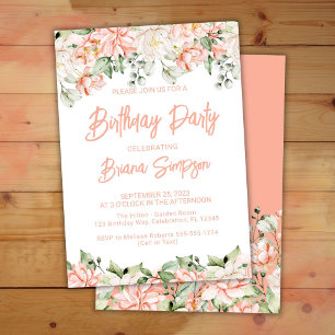Peach Blush Ivory Floral Birthday Party Invitation