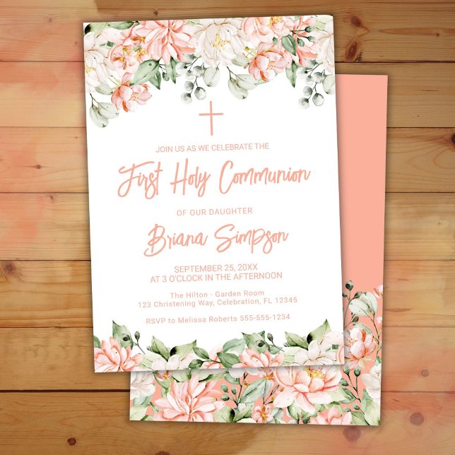 Peach Blush Ivory Floral First Holy Communion Invitation (Creator Uploaded)