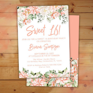Peach Blush Ivory Floral Sweet 16 Birthday Party Invitation